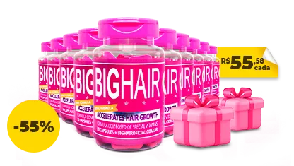 Dez frascos de big hair exibido para compra. Produto feito para melhora do cabelo